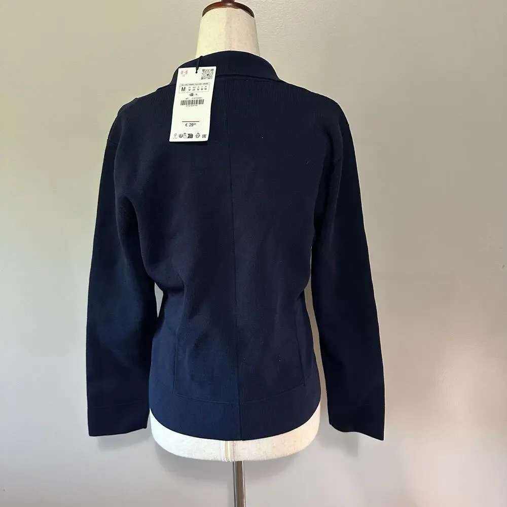 ZARA Women's Flower Button Knit Cardigan Blazer Size M In Navy - Picture 2 of 10